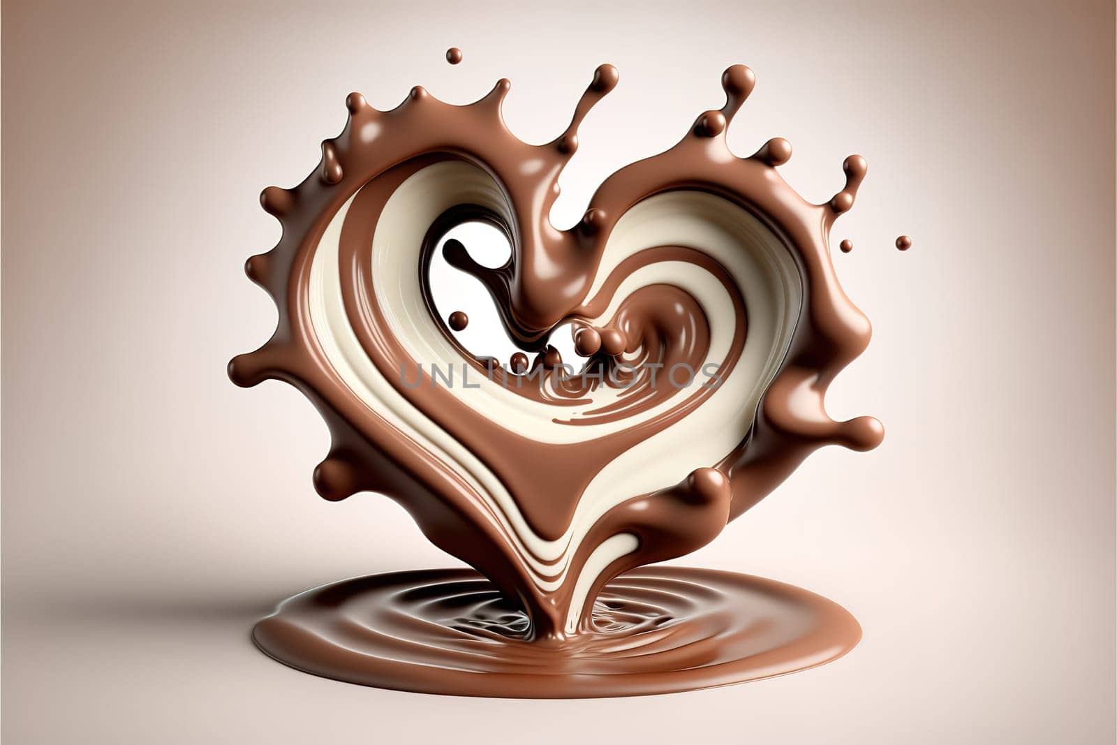 milk and chocolate splash in shape of heart, 3d illustration.