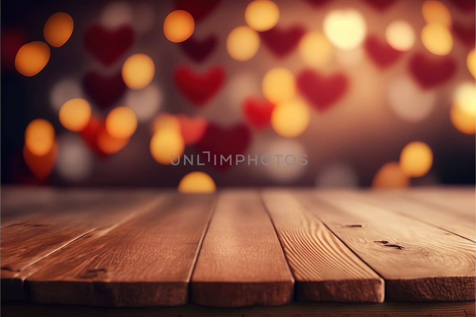 valentine's day background with empty wooden table for product display, fantasy blurred background, copy space.