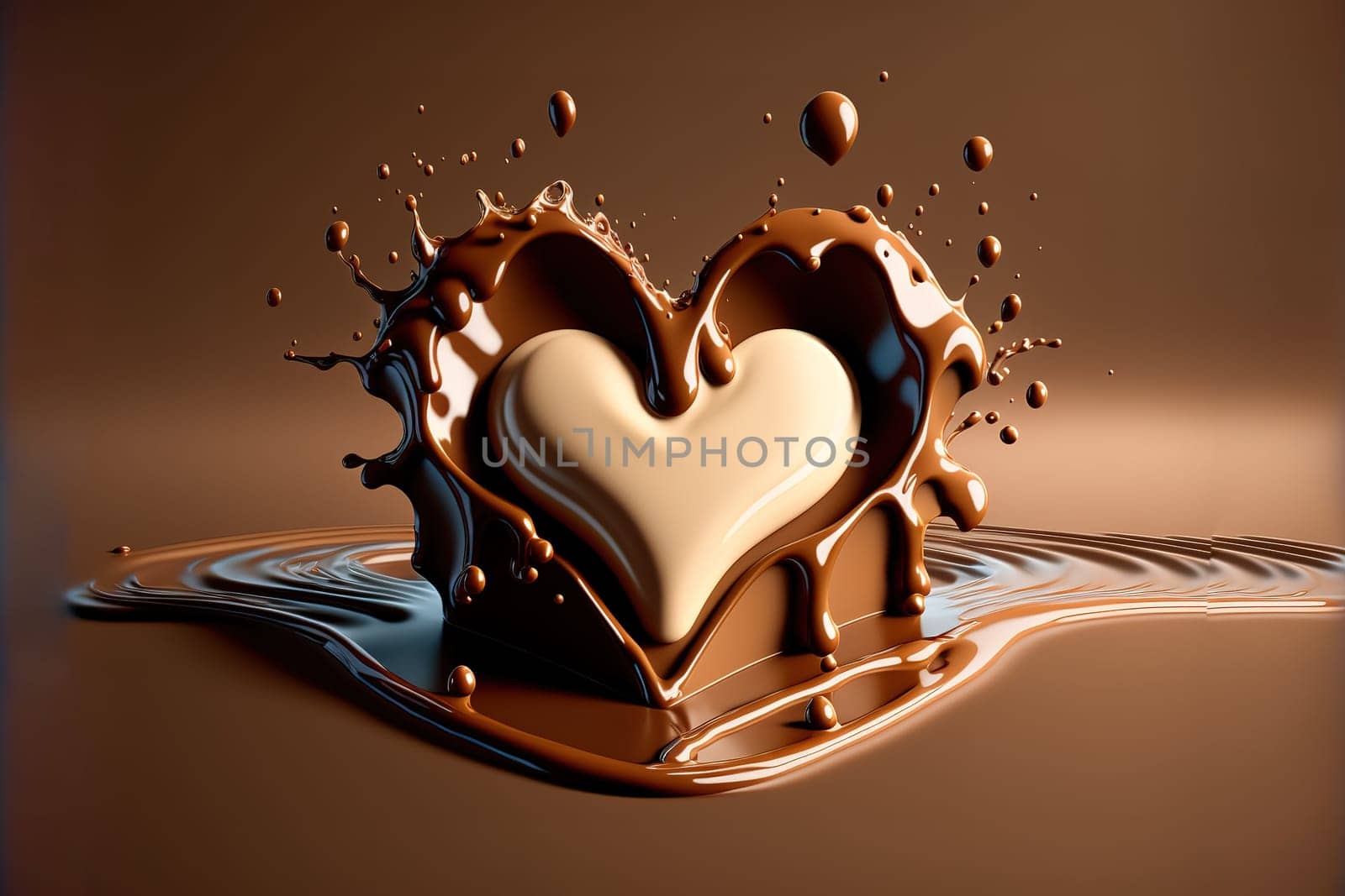 milk and chocolate splash in shape of heart, 3d illustration.