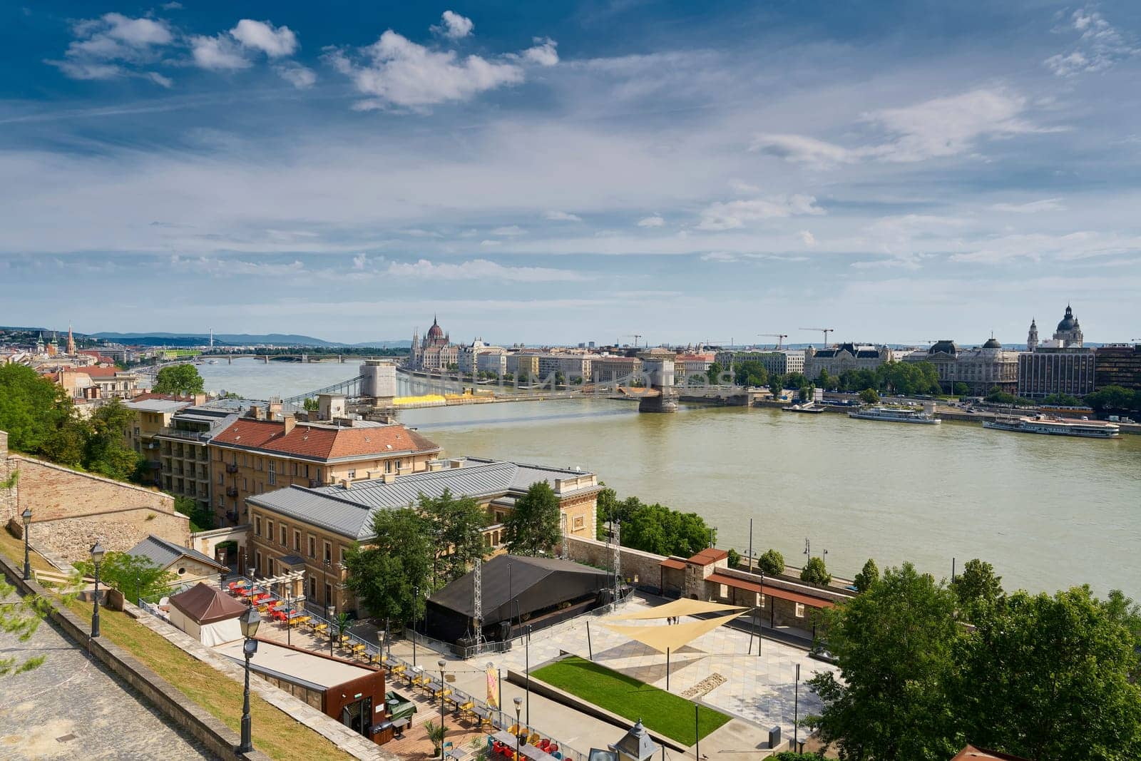 View from Buda district to Pest in Budapest. The Chain Bridge connects both parts of Budapest