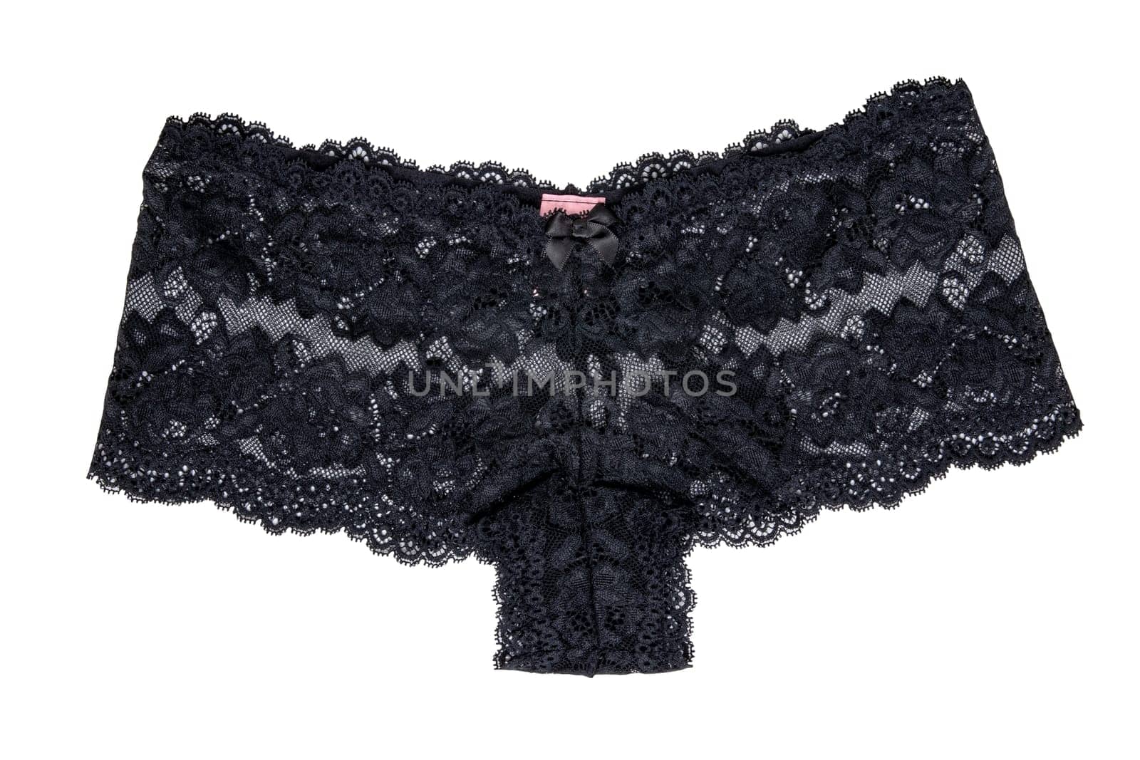 Underwear woman isolated. Close-up of luxurious elegant black lacy thongs panties isolated on a white background. Clipping path. Underwear fashion.