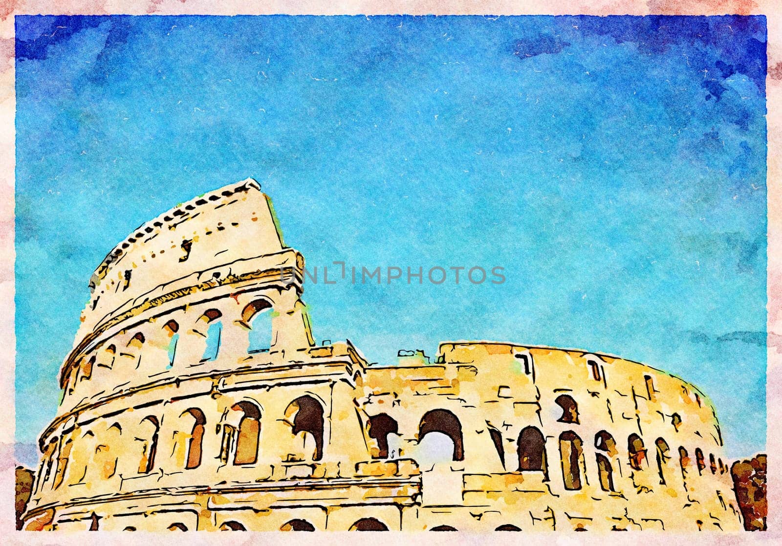 Rome, Italy - Colosseum on blue sky - Creative illustration, vintage watercolor design
