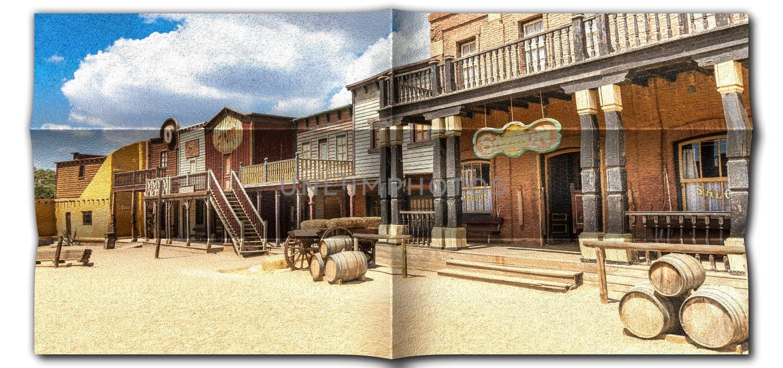 Creative picture of Wild West village with old buildings and saloon