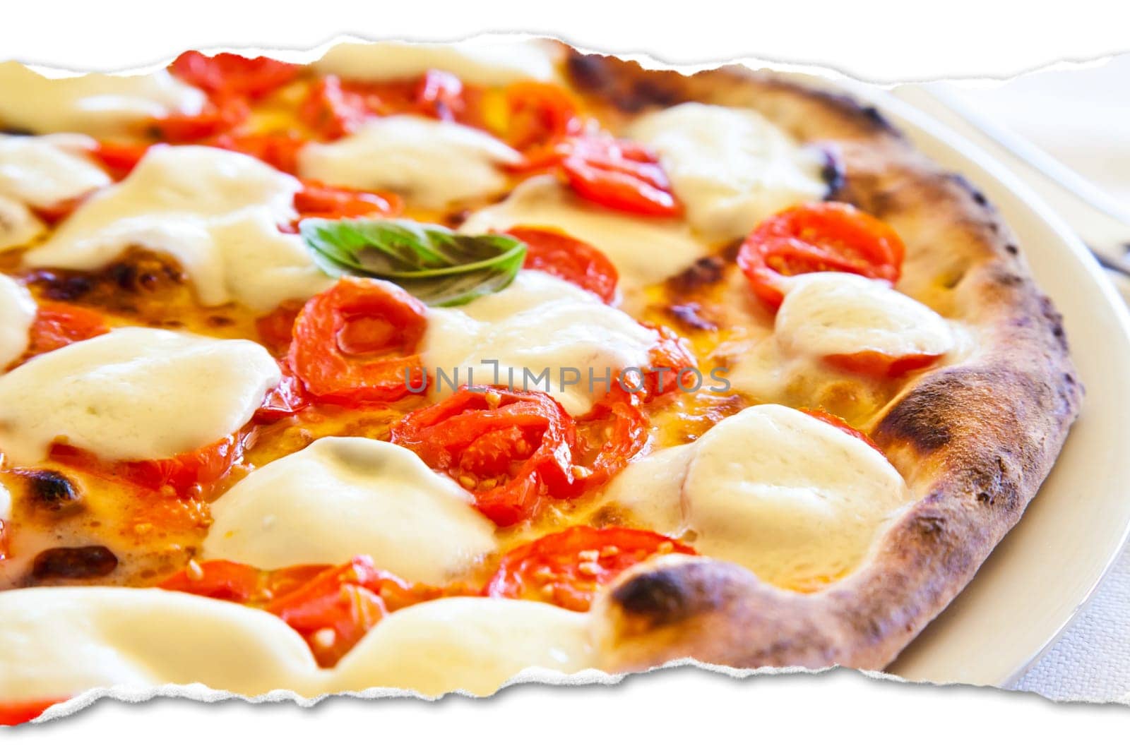 Creative picture of Pizza Margherita with Mozzarella cheese, basil and tomatoes