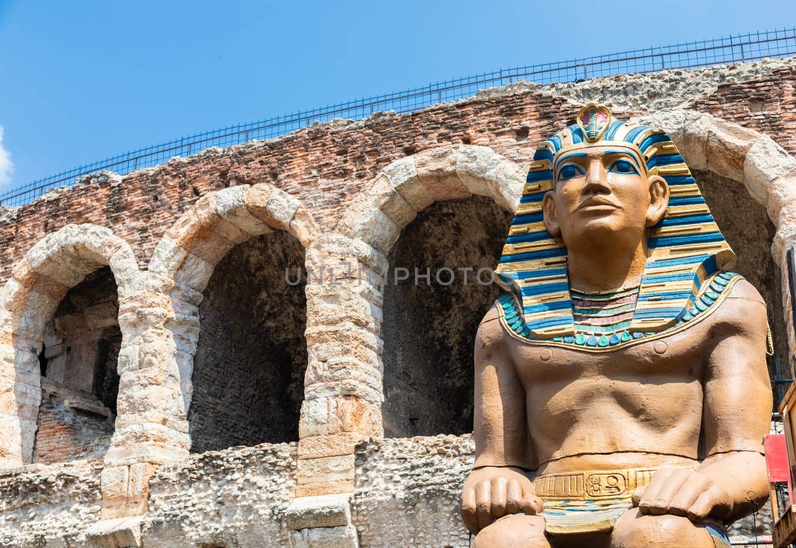Verona, Italy - June 2022: preparing the stage for the thetre performance in the famous Arena di Verona - Aida spectacle