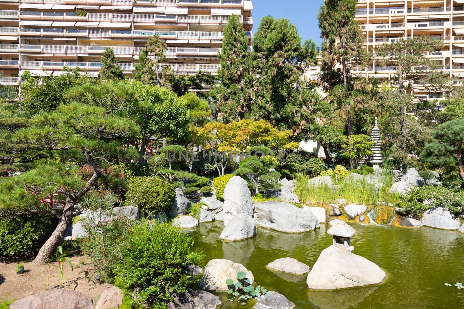 Monte Carlo - August 2022: Japanese garden with the city in the background