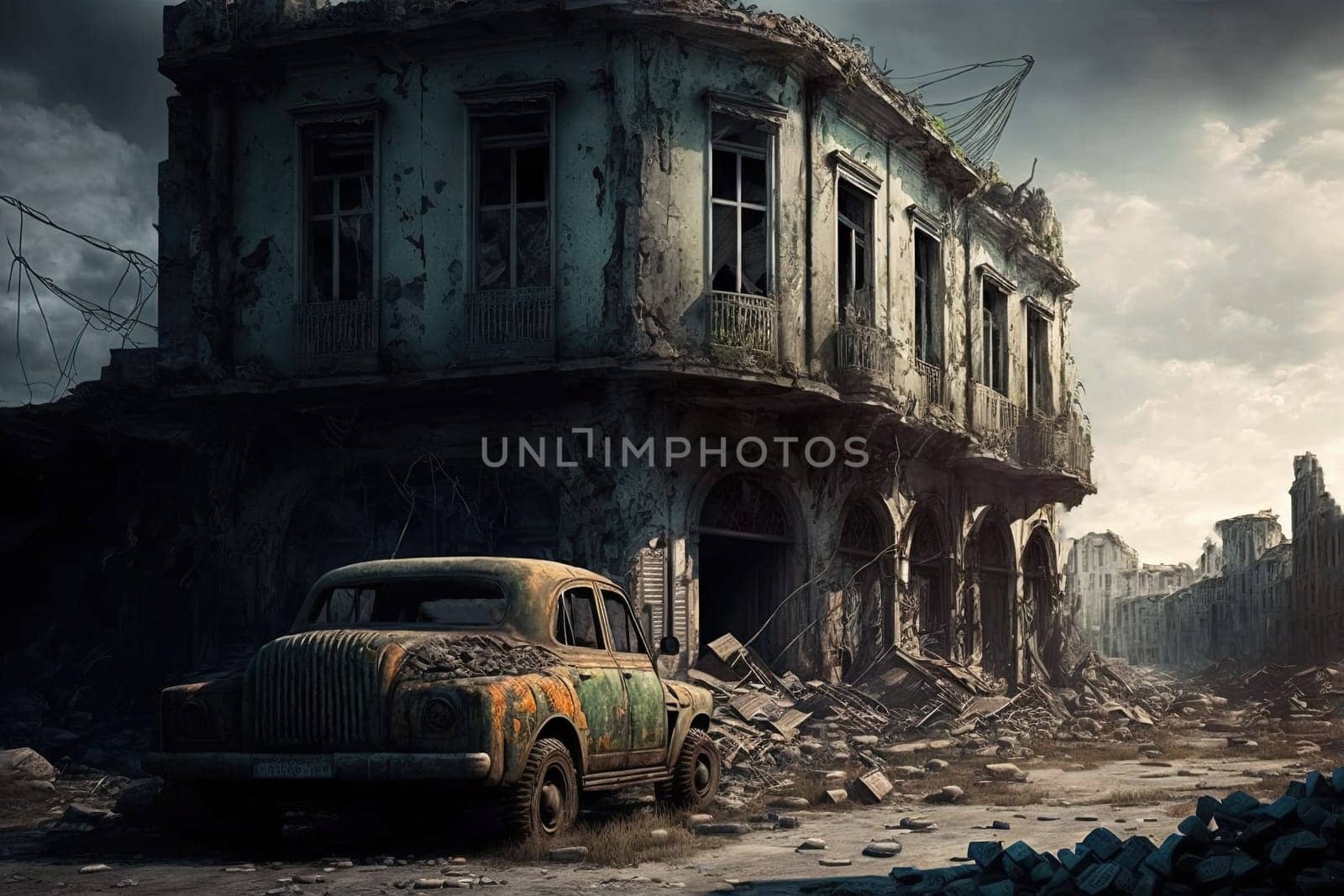Destroyed city, Post-apocalyptic, War zone created with Generative AI technology.