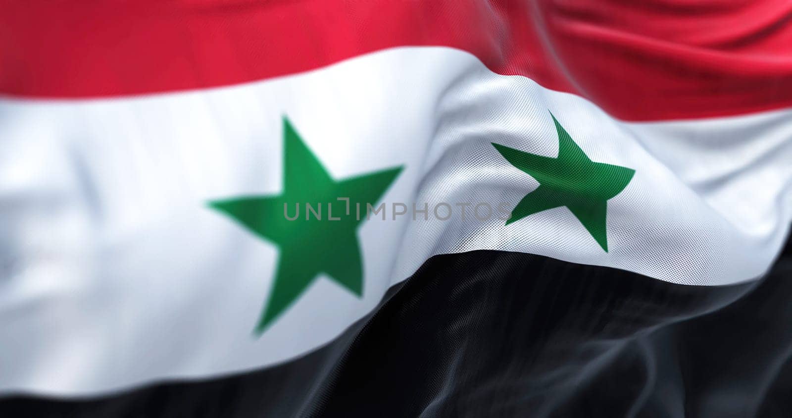Detail of the Syria national flag waving. Horizontal tricolor red, white, black, 2 green five-pointed stars. 3d illustration render. Selective focus. Close-up. Textured background