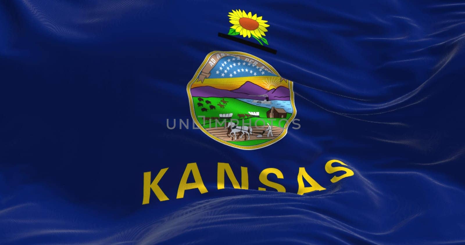 Close-up of Kansas state flag waving in the wind. Kansas is a state in the Midwestern United States. Rippled Fabric. Textured background. 3d illustration render