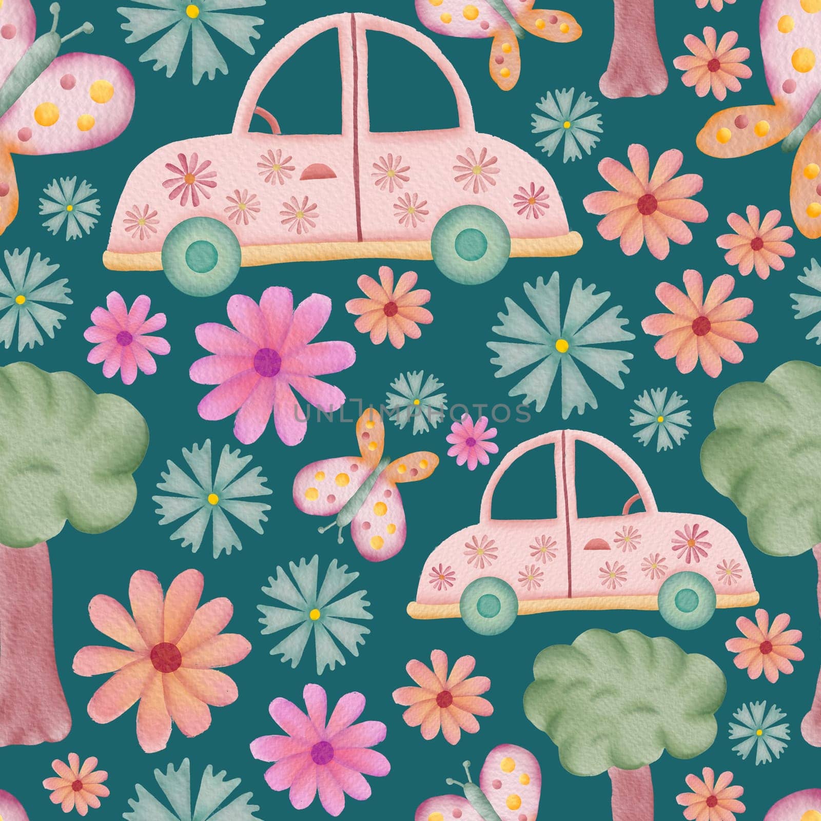 Cars, butterflies, trees and flowers retro watercolor illustration seamless repeat pattern on dark turquoise background