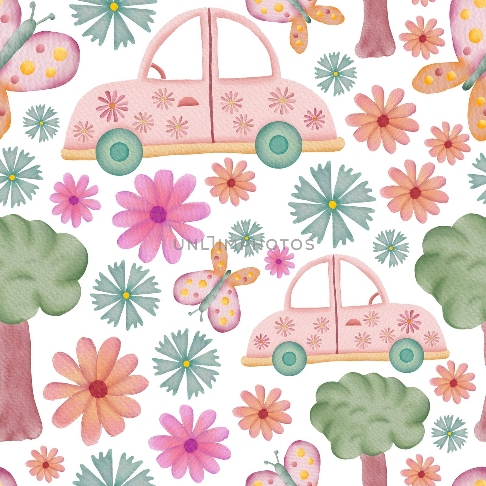 Cars, butterflies, trees and flowers retro watercolor illustration seamless repeat pattern on white background