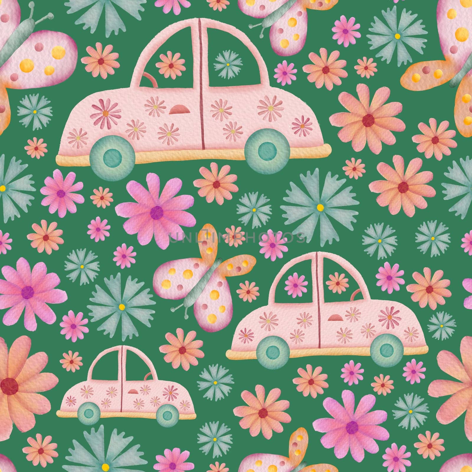 Cars, butterflies and flowers retro watercolor illustration seamless repeat pattern on green background