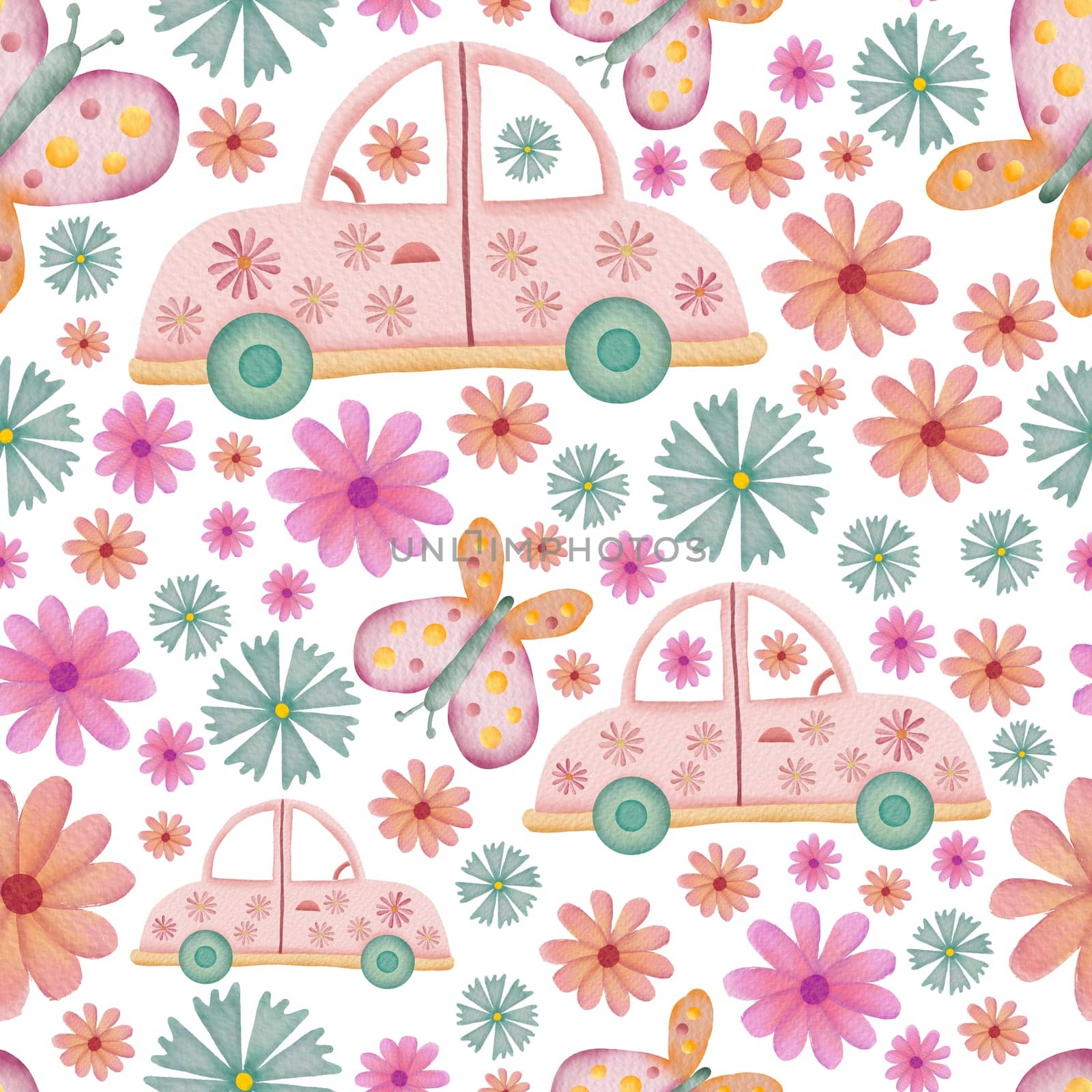 Cars, butterflies and flowers retro watercolor illustration seamless repeat pattern on white background