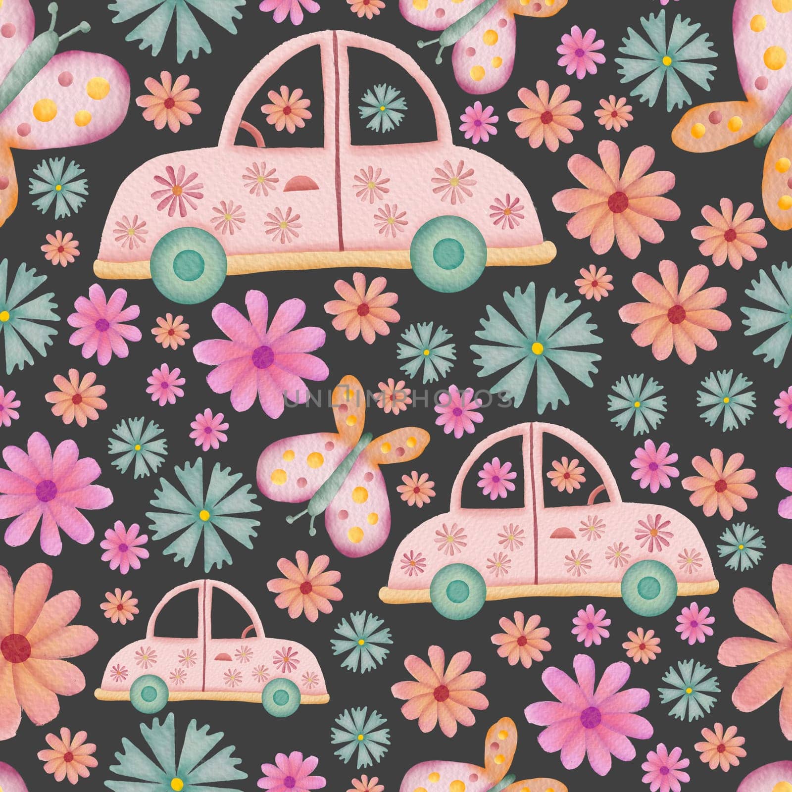 Cars, butterflies and flowers retro watercolor illustration seamless repeat pattern on dark background