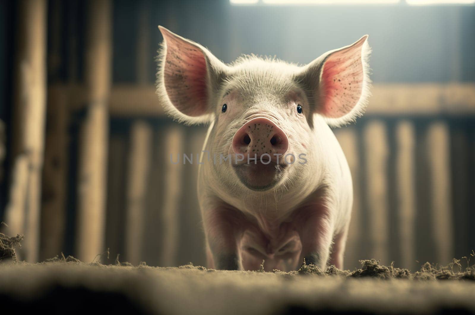 Cute pig in the pigsty looking at camera. Generative AI