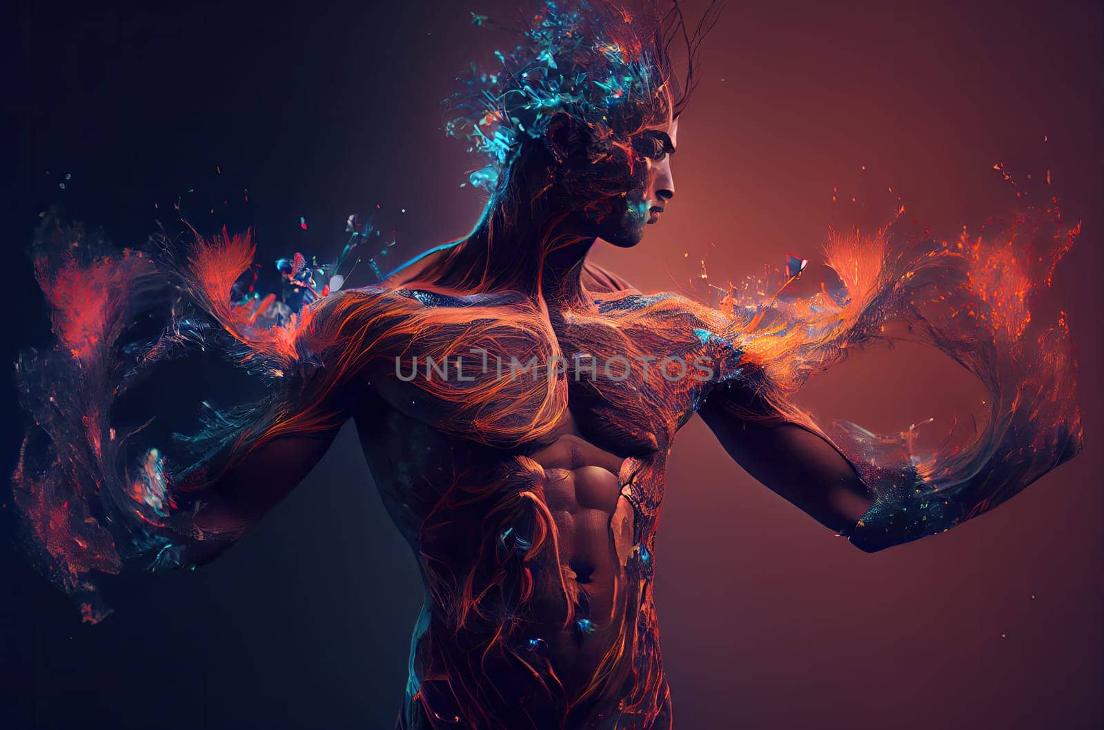 Human-like robotic surreal character consisting of particles that look like fire against dark blue background. Generative AI