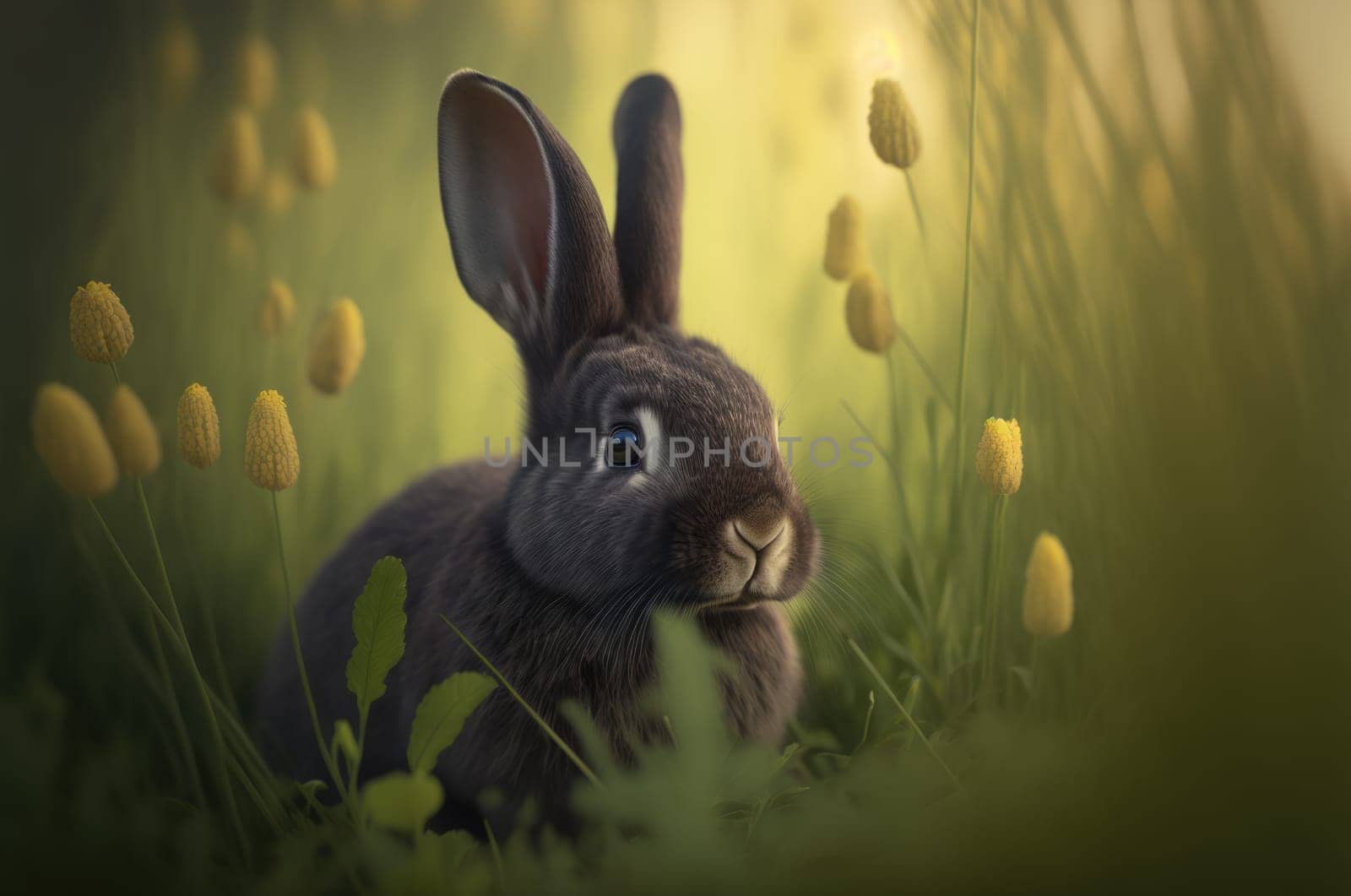 Cute white bunny outdoors. Generative AI