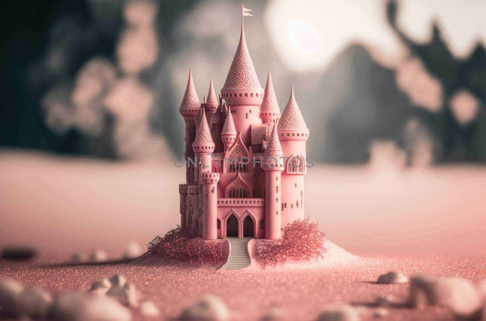 Pink toy fantasy castle in pink landscape. Generative AI
