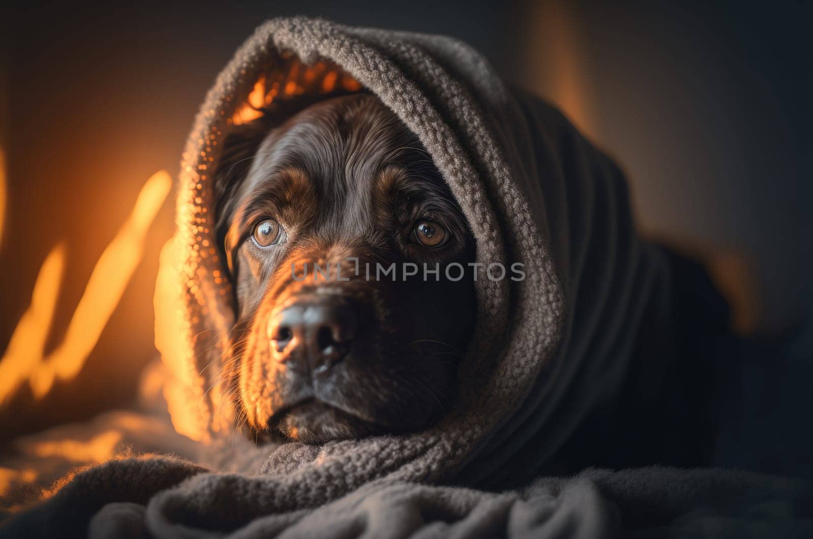 Sick dog snuggled up in a cozy blanket by a fireplace. Generative AI