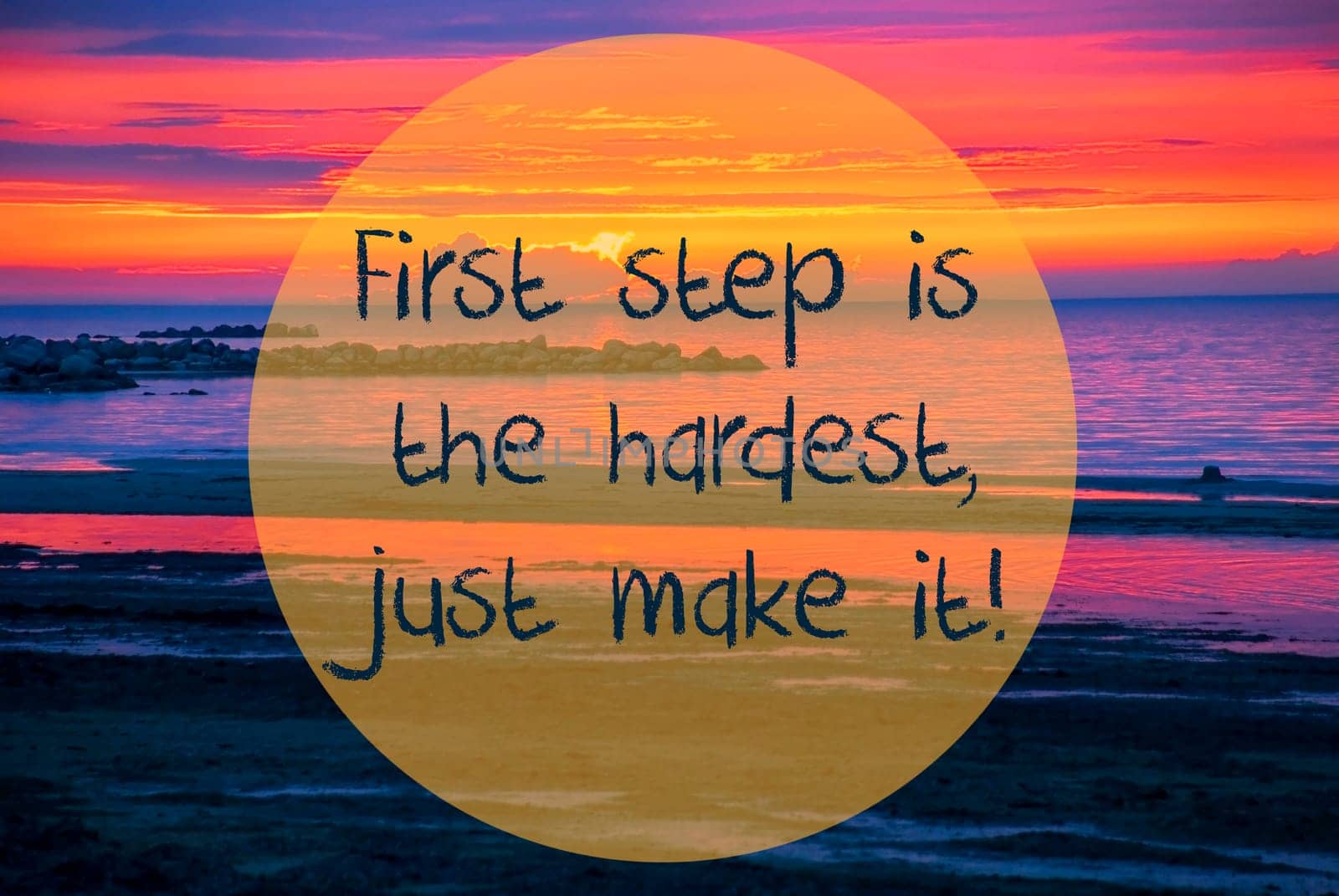 English Quote First Step Is The Hardest, Just Make It. Romantic Sunset Or Sunrise At Sea Or Ocean In Sweden, Scandinavia In The Background