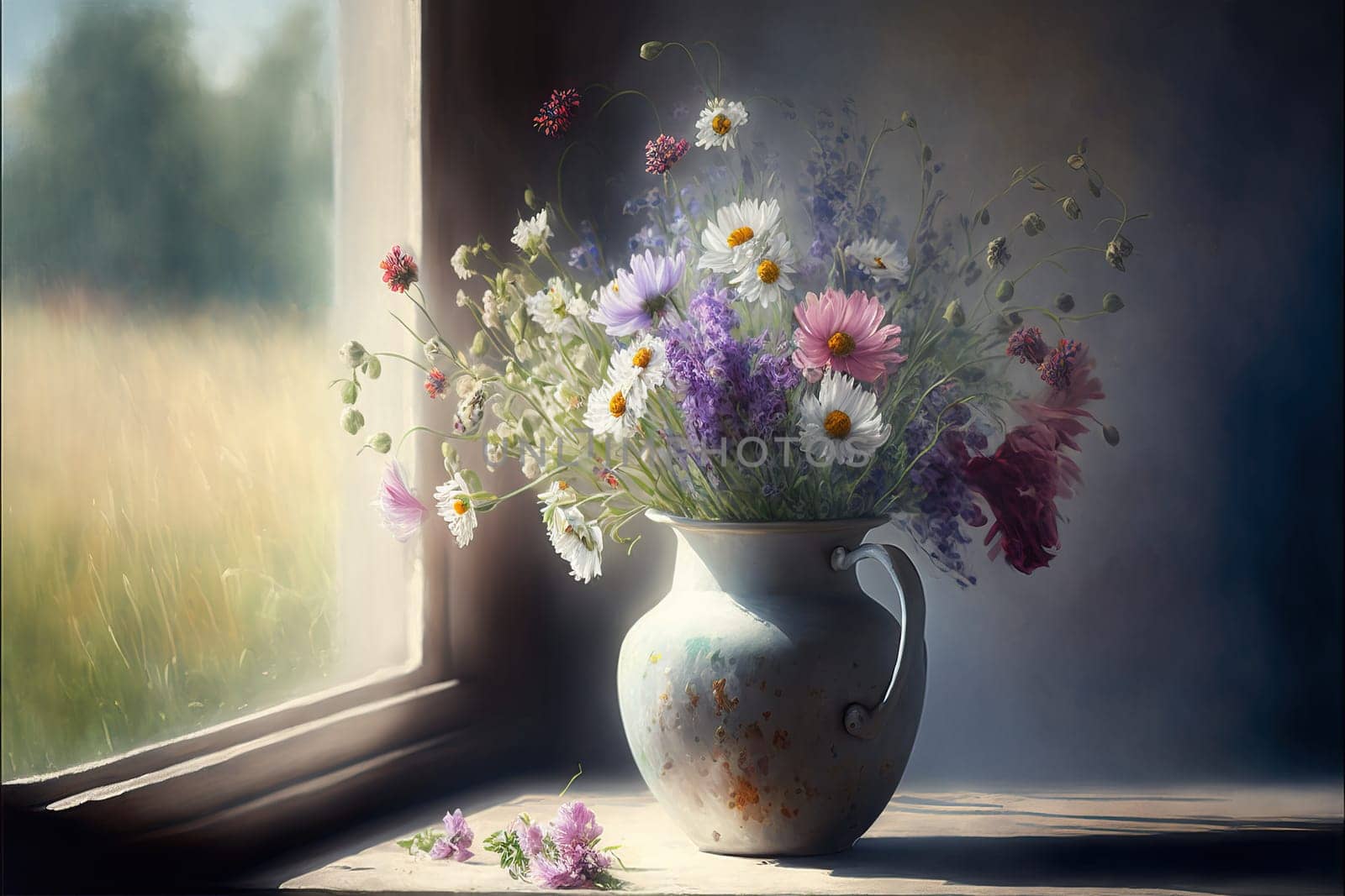 Bouquet of wildflowers in a vase by the window. Generative AI