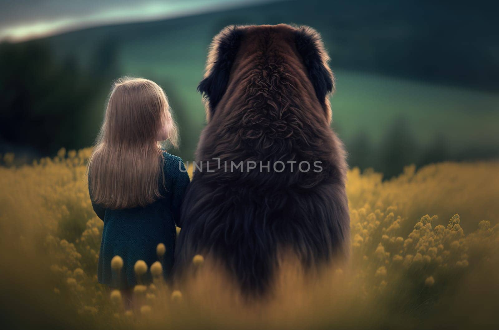 Girl and big dog looking over the meadow into nature, view from behind. Generative AI