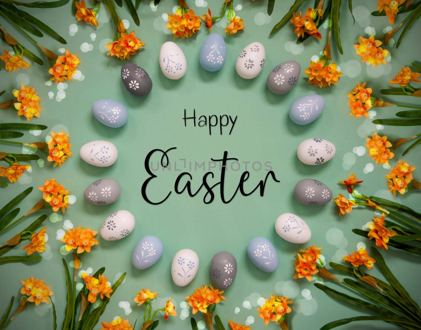 Flat Lay With English Text Happy Easter. Easter Egg Decoration With Orange Spring Flowers. Light Green Paper Background With Bright And Shiny Light Effect.