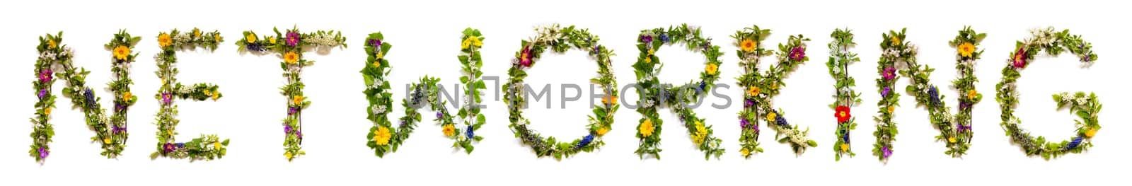 Blooming Flower Letters Building English Word Networking. Summer And Spring Season Blossoms And Flower Lei.