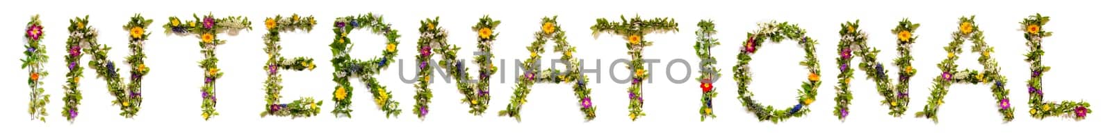 Blooming Flower Letters Building English Word International. Summer And Spring Season Blossoms And Flower Lei.