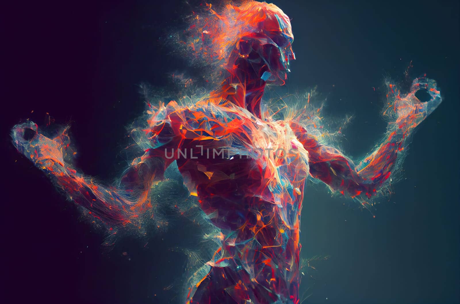 Human-like robotic surreal character consisting of particles that look like fire against dark blue background. Generative AI