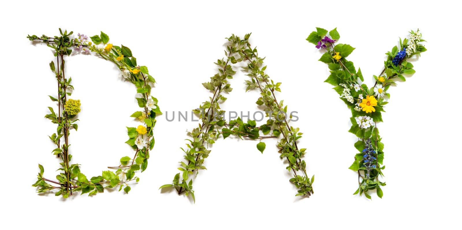 Blooming Flower Letters Building English Word Day. Summer And Spring Season Blossoms And Flower Lei.