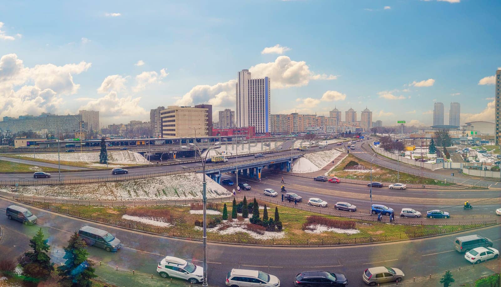 Panoramic view of the Livoberezhna metro station and the Tourist hotel. Kyiv, Ukraine