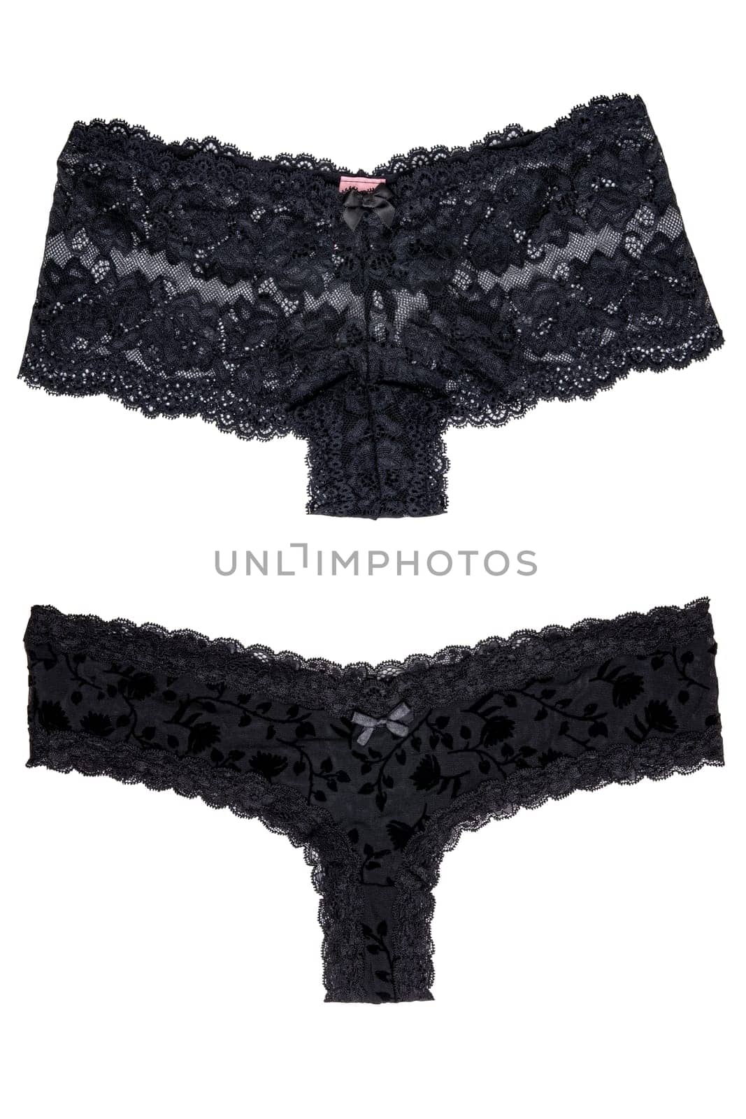 Underwear woman isolated. Collage set of two luxurious elegant black lacy thongs panties isolated on a white background. Clipping path. Underwear fashion.