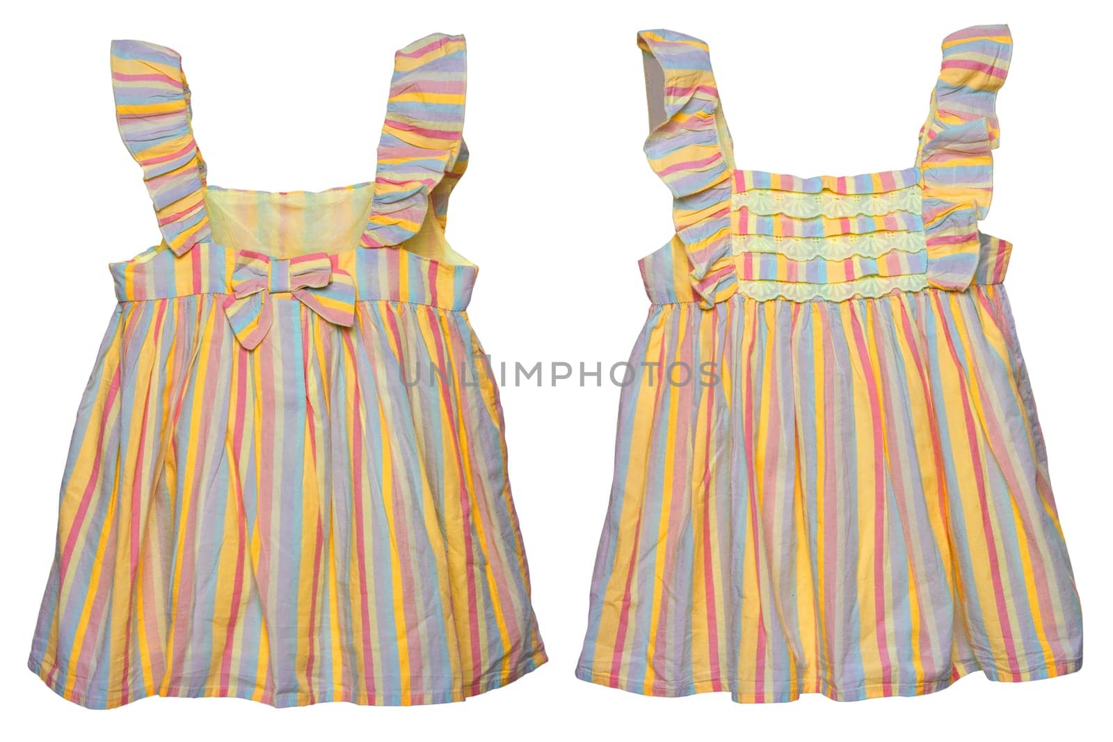 Summer dress isolated. Closeup of a colorful striped sleeveless baby girl dress isolated on a white background. Children spring fashion. Front and back view.