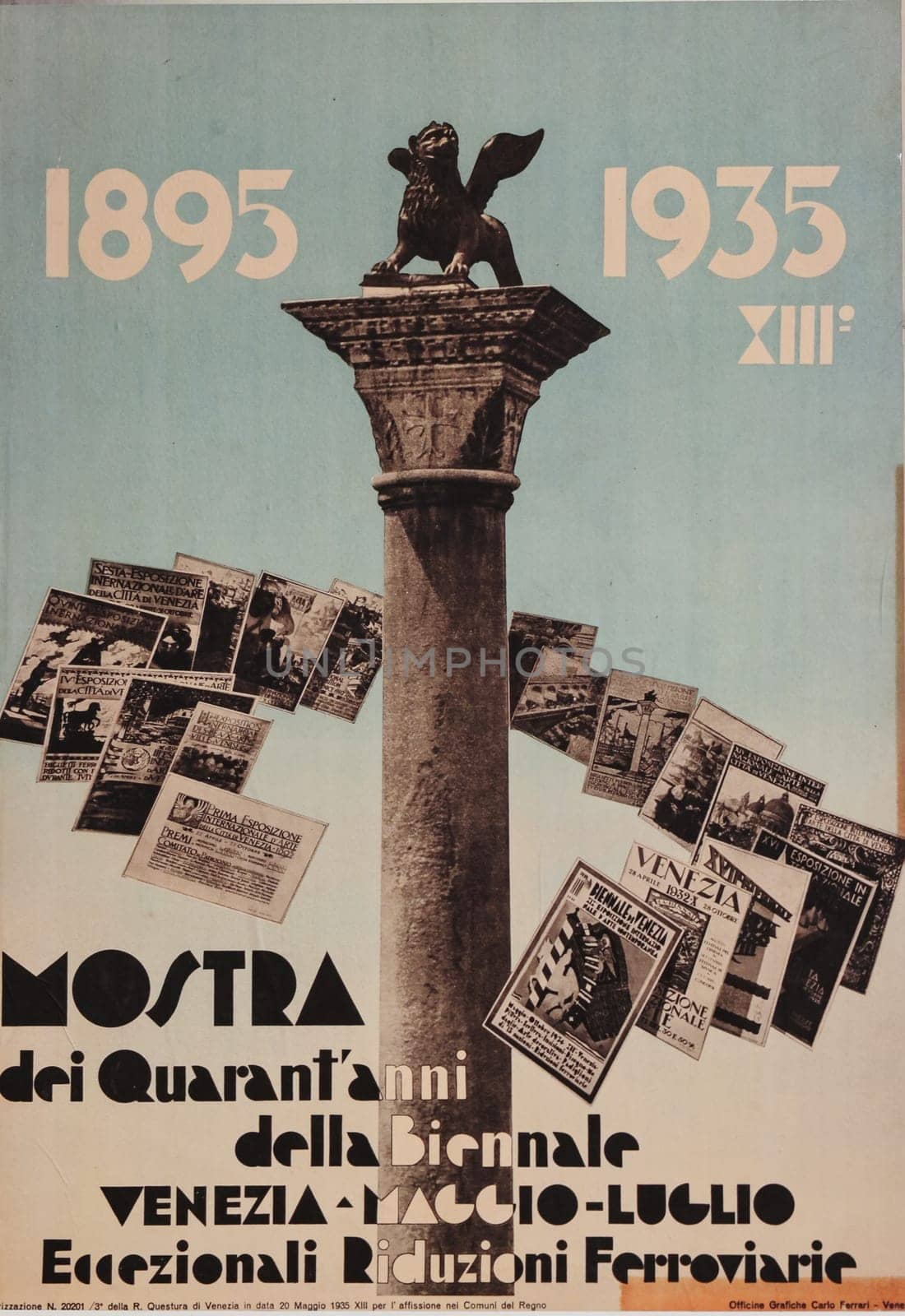 Venice, Italy - September 6, 2022:  59th Venice Art Biennale in Venice. Old posters advertising the Venice Biennale presented in the central pavilion in Giardini