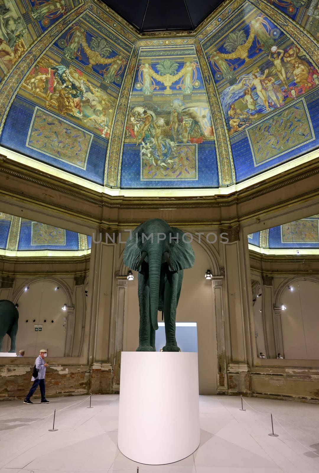 Venice, Italy - September 6, 2022:  59th Venice Art Biennale in Venice. A view of Elephant (1987) by The German artist Katharina  Fritsch