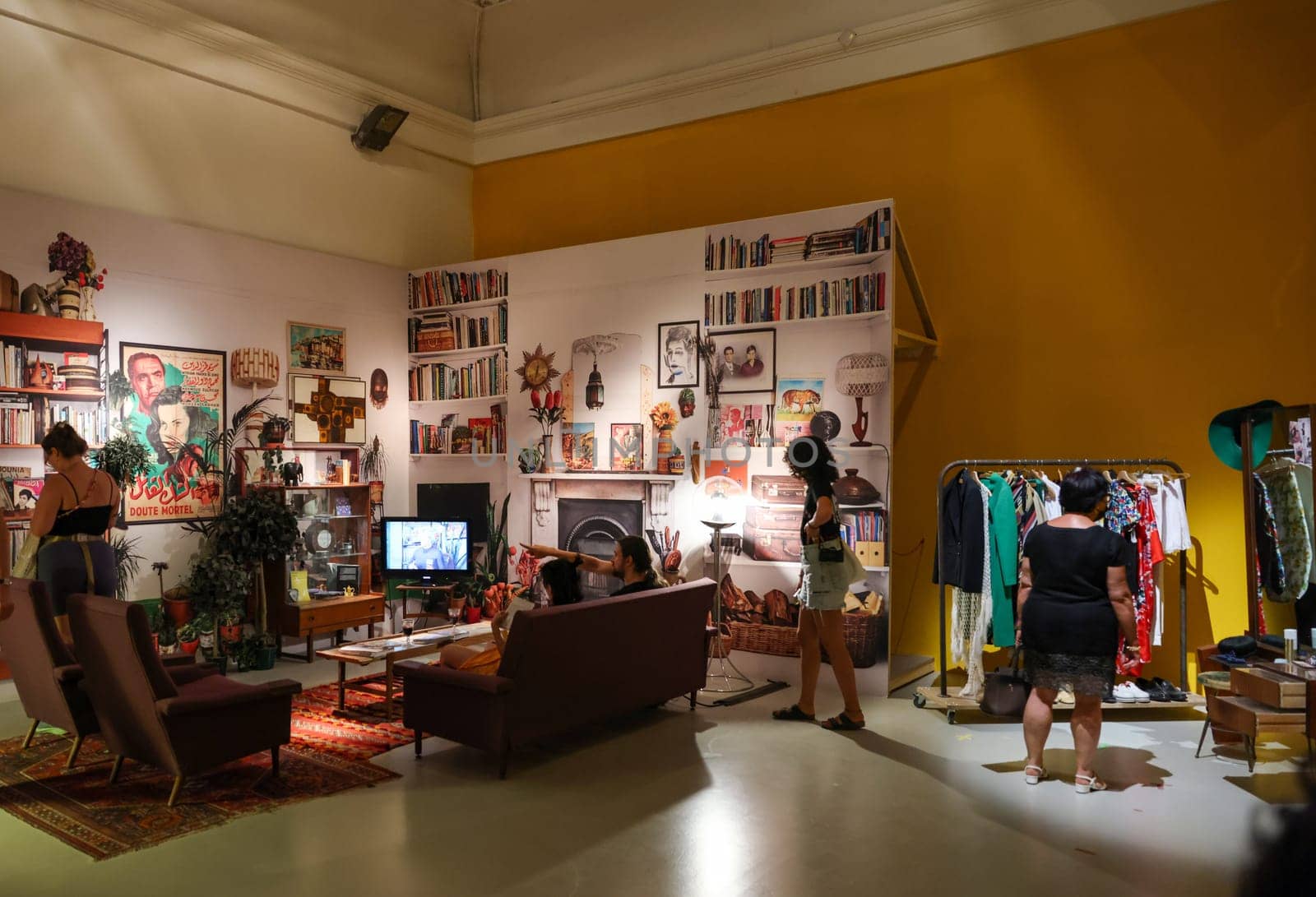 Venice, Italy - Sept 6, 2022: 59th Venice Art Biennale in Venice. Dreams have no titles by Zineb Sedira s film installation takes you back to the cinema of the 1960s and 1970s in French pavilion