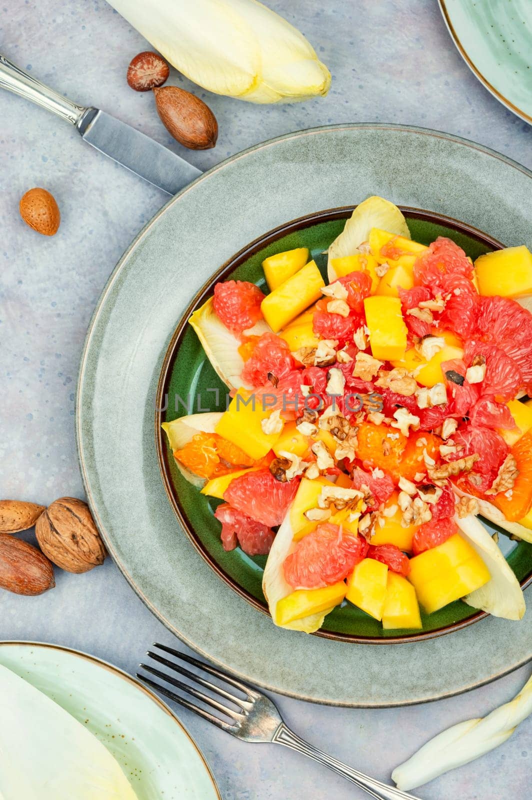 Fresh chicory salad with fruits and walnut. Healthy meal recipe