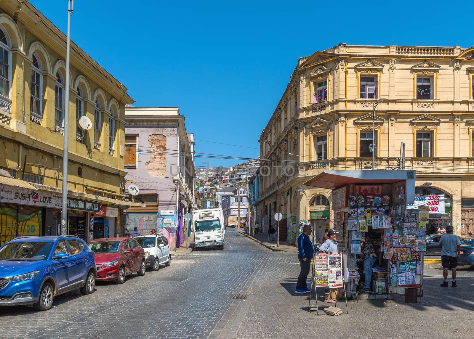 Newspaper stand on a street in the historic city of Valparaiso, Chile