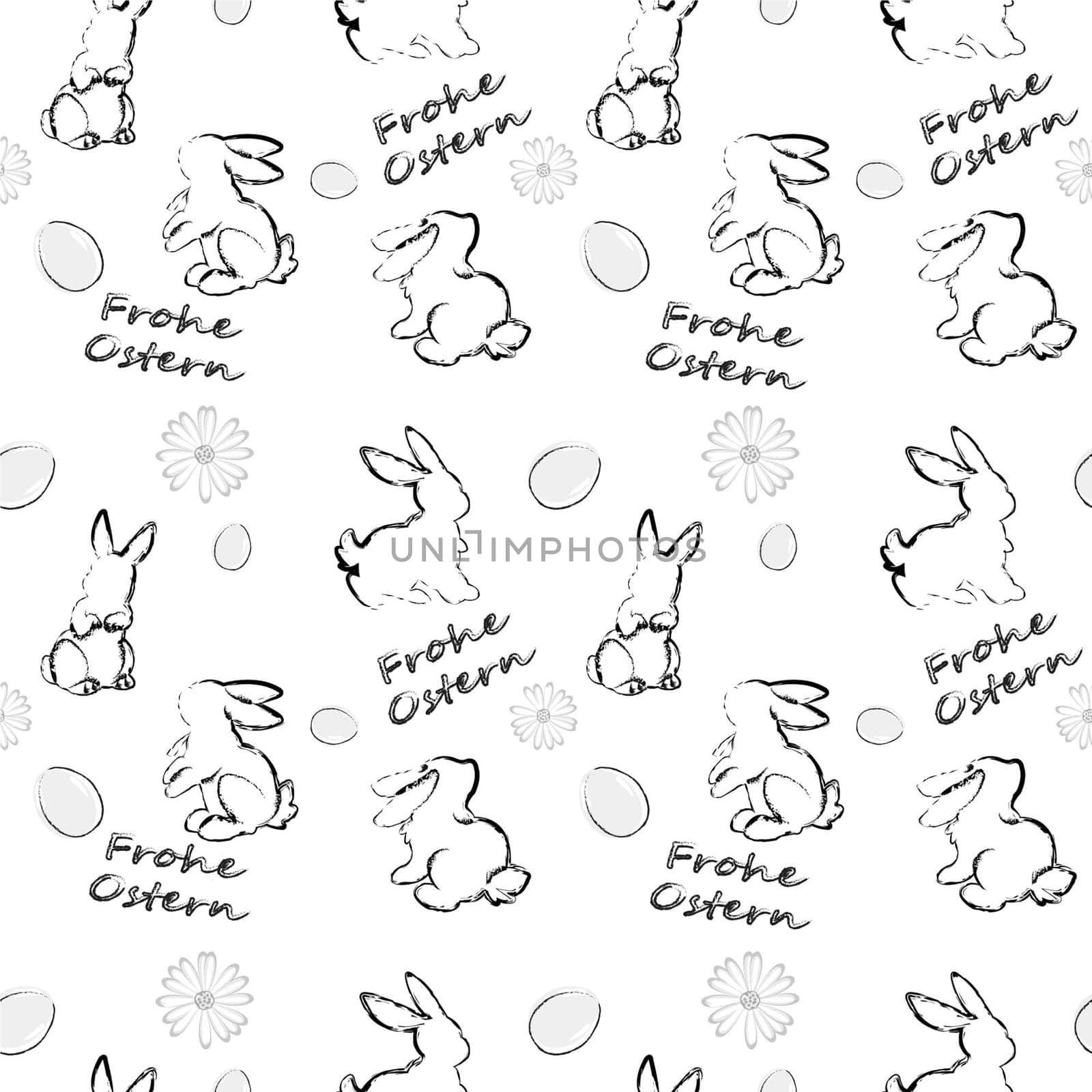 Seamless pattern with Easter bunnies, eggs, flowers and an inscription in German on a white background. Translation: Happy Easter. The concept of the arrival of spring, Easter. Vector image.