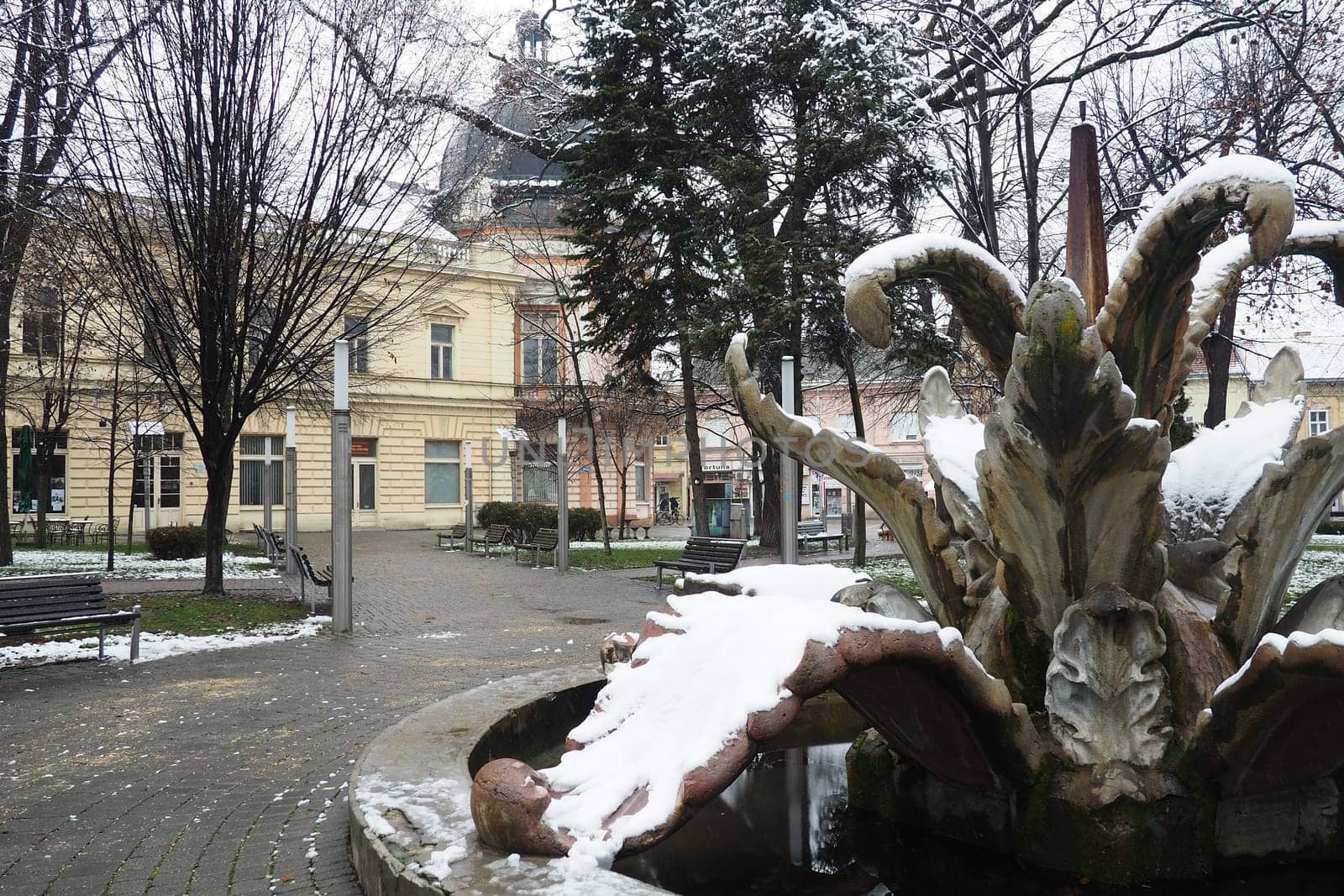 Sremska Mitrovica, Serbia 01.27.2023 City Fountain Stone flower in the central park. Snow cloudiness in winter. Snow covered city park. Decorative architectural forms. Trees, library and city archive