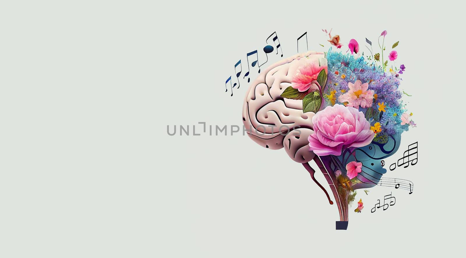 Human brain tree with flowers and music notes, self care and mental health concept, positive thinking, creative mind, generative AI