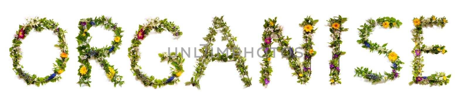 Blooming Flower Letters Building English Word Organise. Summer And Spring Season Blossoms And Flower Lei.