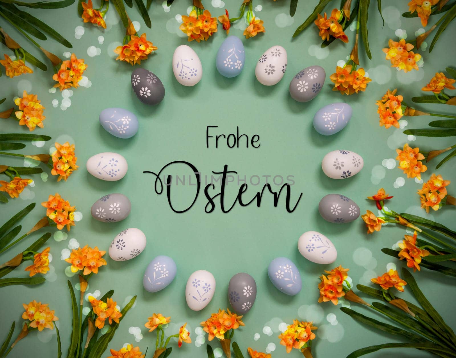 Flat Lay With German Text Frohe Ostern Means Happy Easter. Easter Egg Decoration With Orange Spring Flowers. Light Green Paper Background With Bright And Shiny Light Effect.