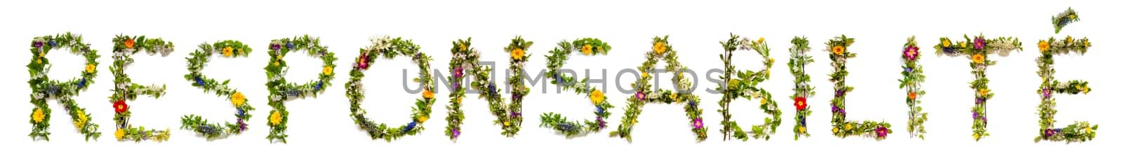 Blooming Flower Letters Building French Word Responsabilite Means Responsibility. Summer And Spring Season Blossoms And Flower Lei.