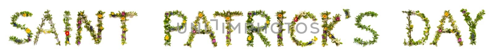 Blooming Flower Letters Building English Text Saint Patricks Day. Summer And Spring Season Blossoms And Flower Lei.