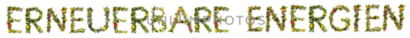 Blooming Flower Letters Building German Text Erneuerbare Energien Means Renewable Energy. Summer And Spring Season Blossoms And Flower Lei.