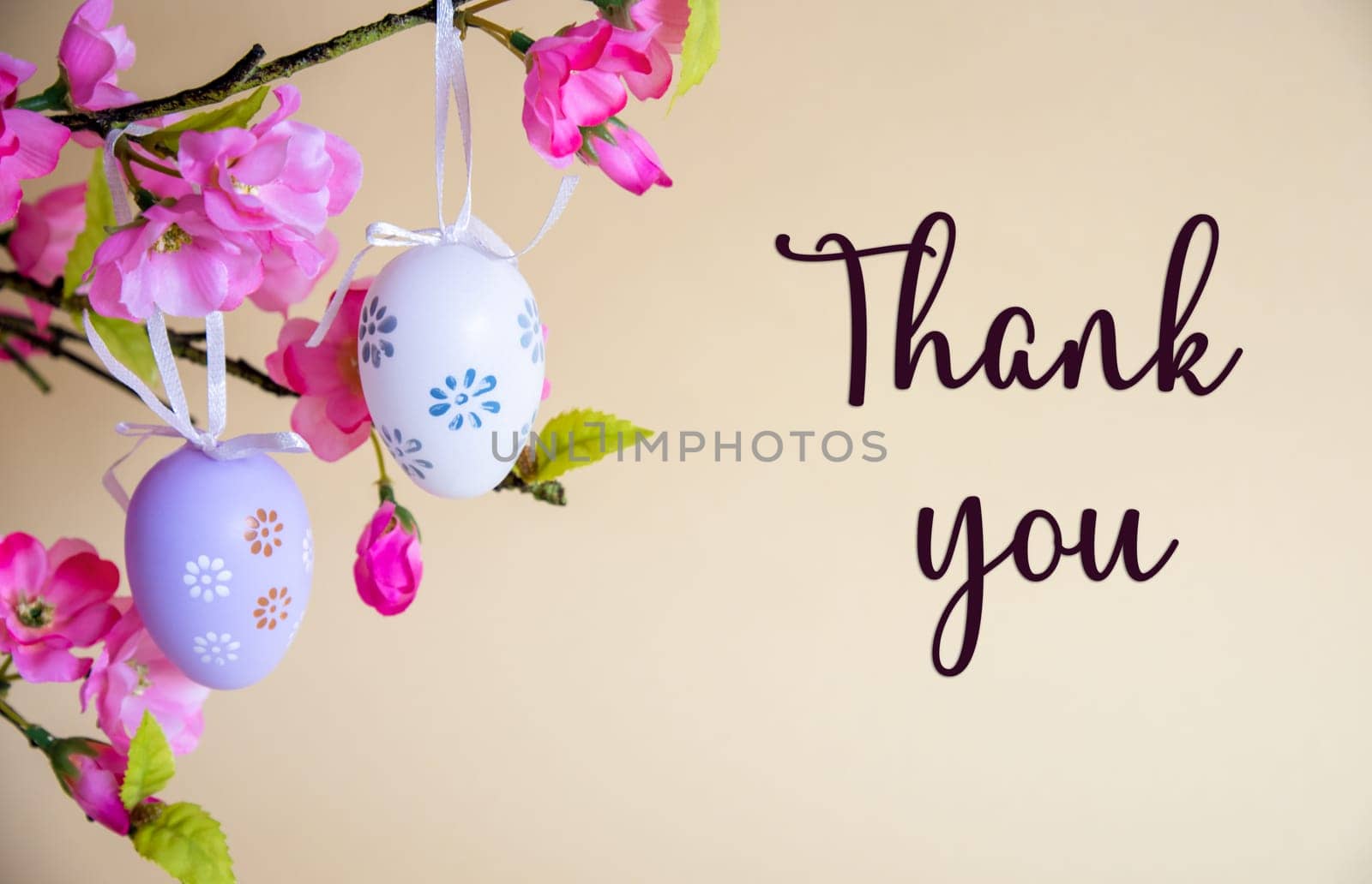Beautiful Easter Egg Decoration With Spring Flowers. English Text Thank You. Seasonal Easter Holiday Greeting Card.