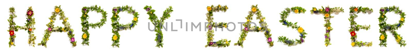 Blooming Flower Letters Building English Text Happy Easter. Summer And Spring Season Blossoms And Flower Lei.