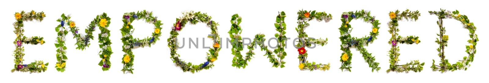 Blooming Flower Letters Building English Word Empowered. Summer And Spring Season Blossoms And Flower Lei.